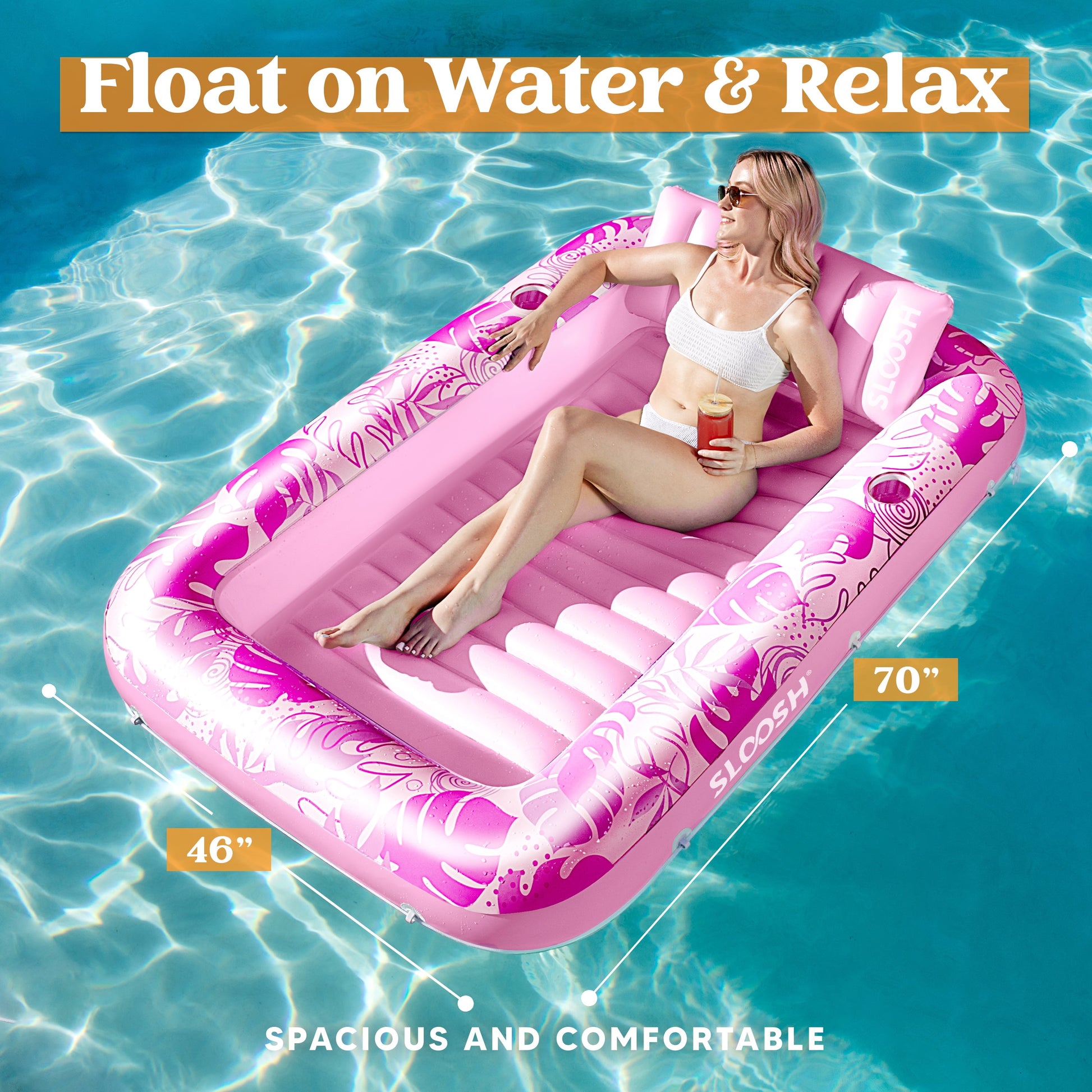 Inflatable Tanning Pool Lounger Float, 70" X 46" Large Suntan Tub with Pillow, Water Raft Float for Kids & Adults Pink
