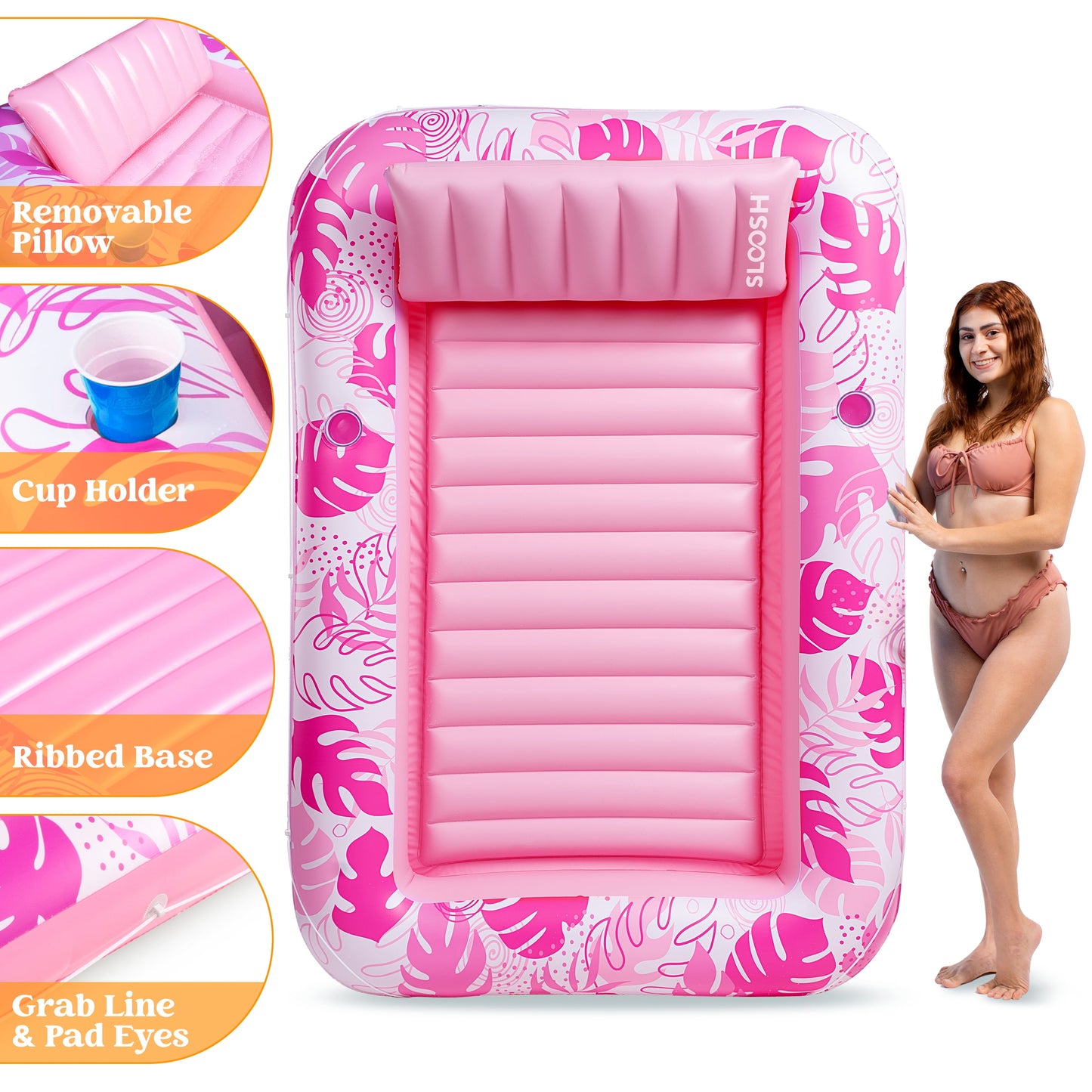 Inflatable Tanning Pool Lounger Float, 70" X 46" Large Suntan Tub with Pillow, Water Raft Float for Kids & Adults Pink